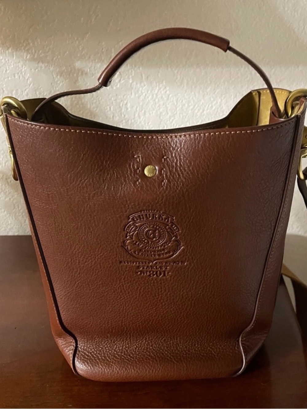Ghurka Brown Leather Bucket Tote with Top Handle and strap